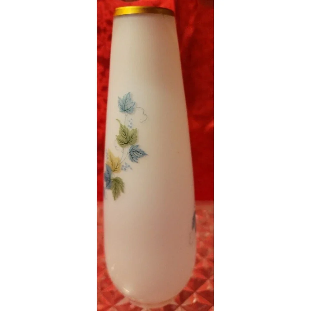 Vintage Fall Frosted Satin Glass Vase Blue Green Gold Leaves Trim Made in Japan